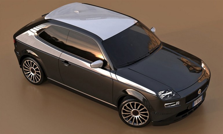 Fiat 127 color nero con tettuccio bianco vista di traverso e dall'alto