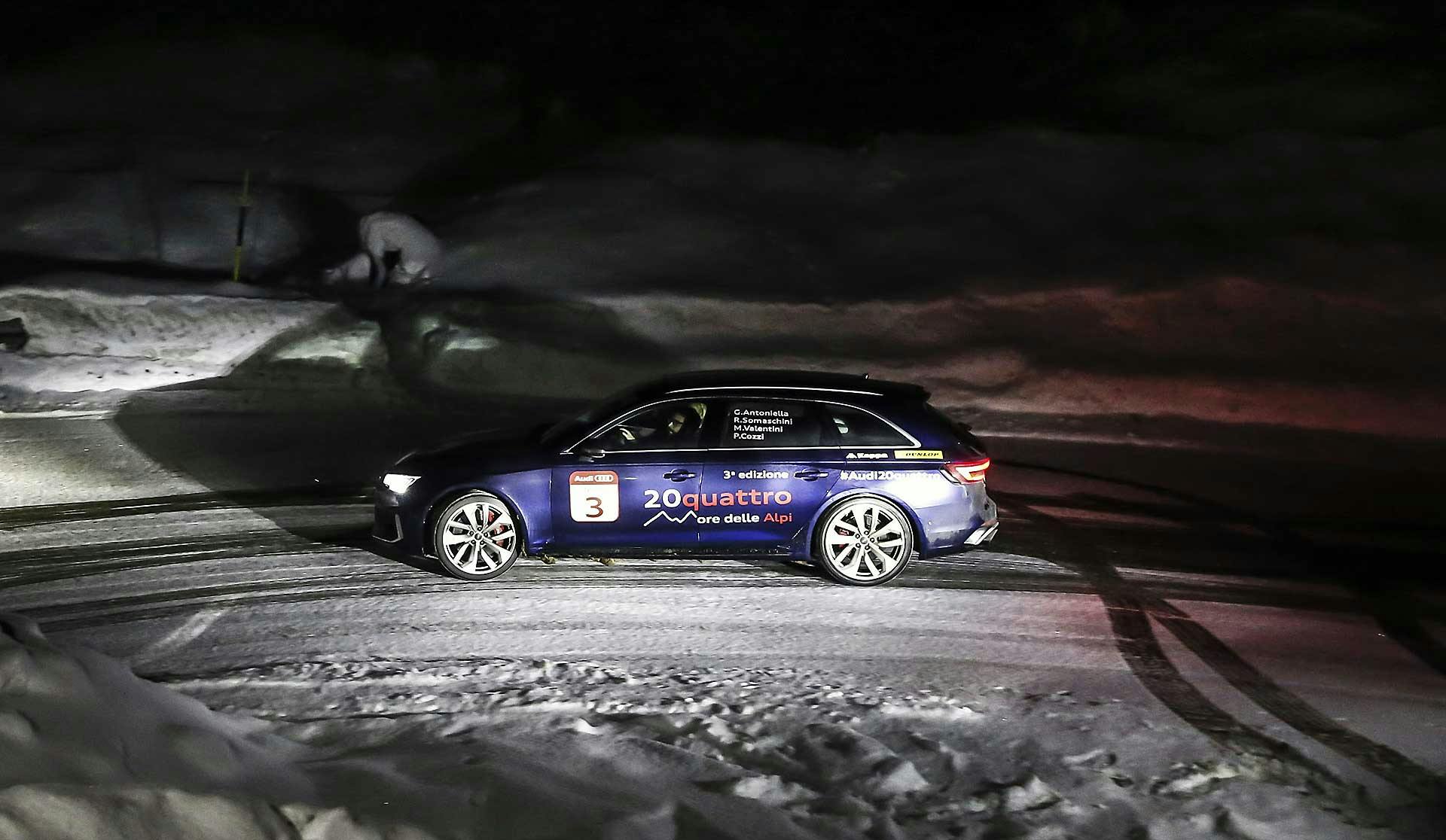 Audi RS4 2018 20Quattro Ore delle Alpi tornante alpino di notte con neve