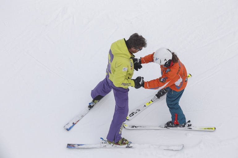 Ski activities in Abetone Val di Luce ski area. BMW Sciabile Project for Dynamo Camp