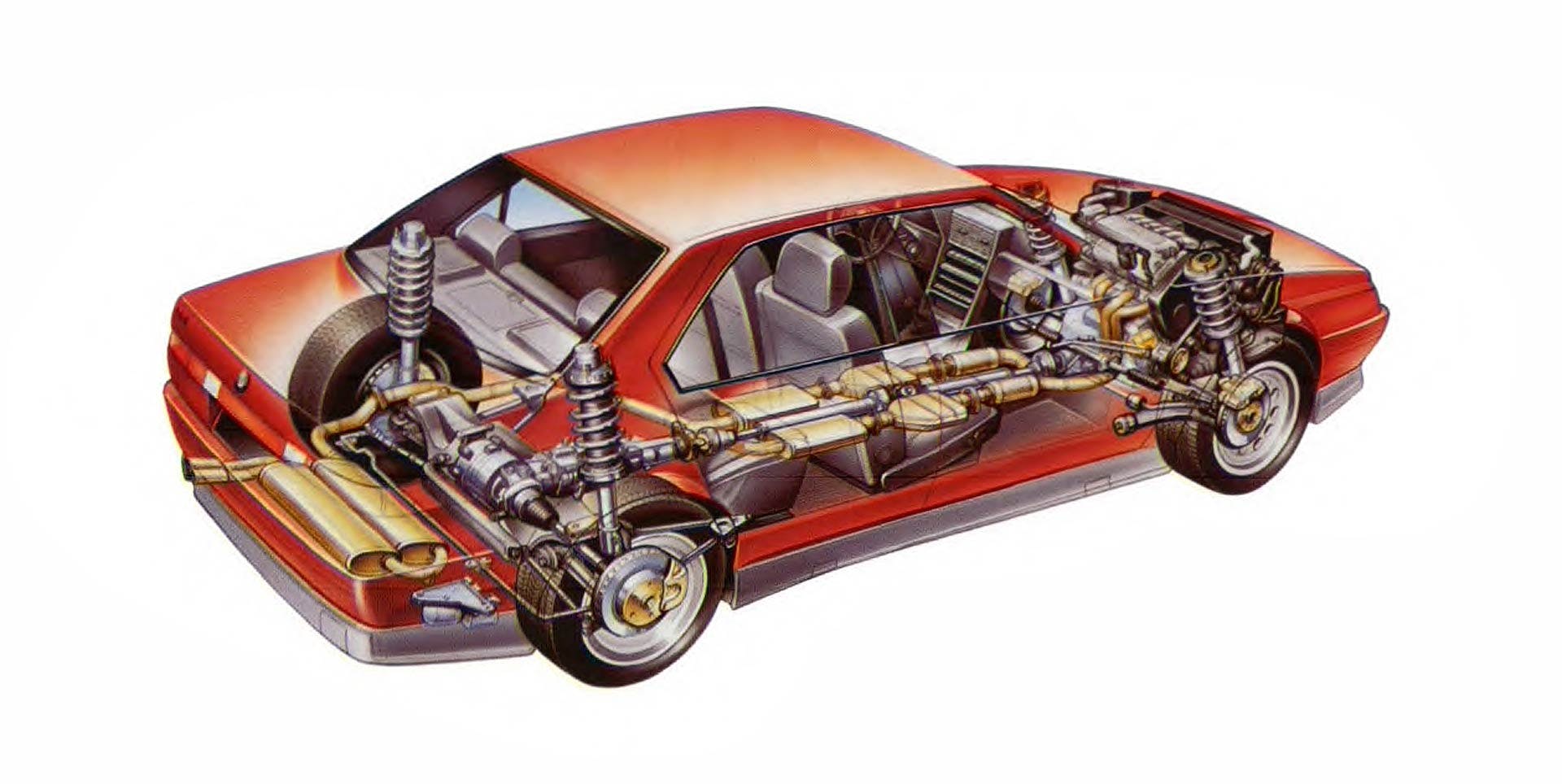 Alfa Romeo 164 Q4 schema in trasparenza con componenti e organi meccanici della trazione integrale
