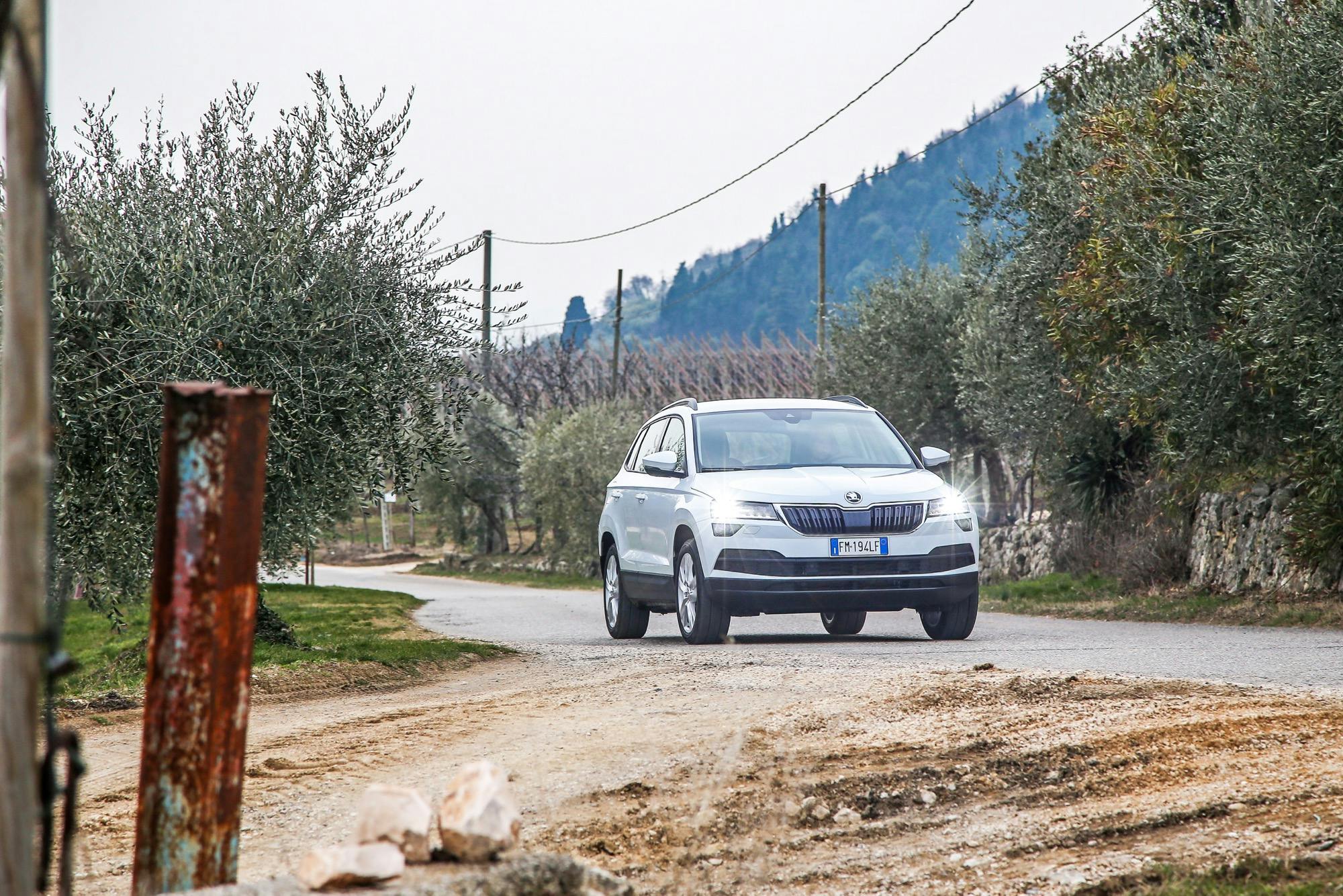 Skoda Karoq bianca statica in ambientazione di campagna e vigneti