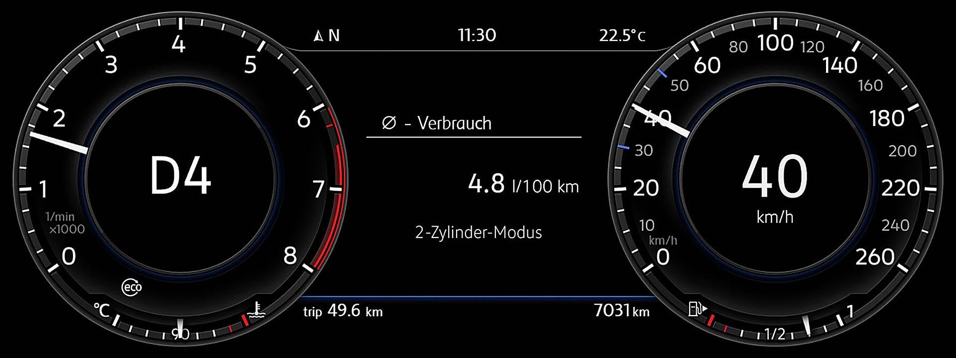 Display dell VW Golf 1.5 TSI con disattivazione 2 cilindri