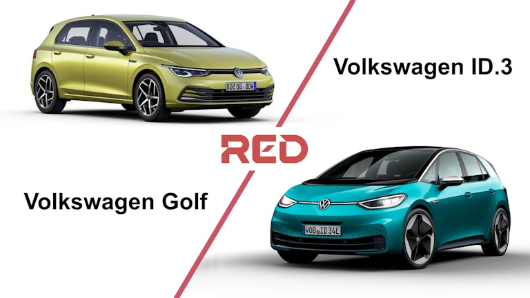 Copertina per format di confronto tra Volkswagen Golf, in alto a sinistra color oro, e ID.3, in basso a destra color azzurro