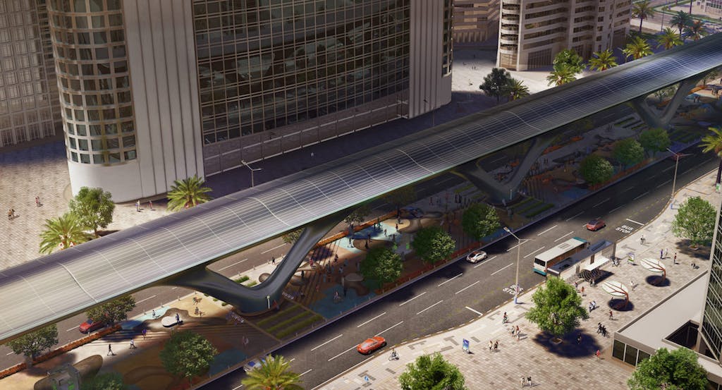 Hyperloop trasporti capsula supersonica che viaggia in un tubo in città