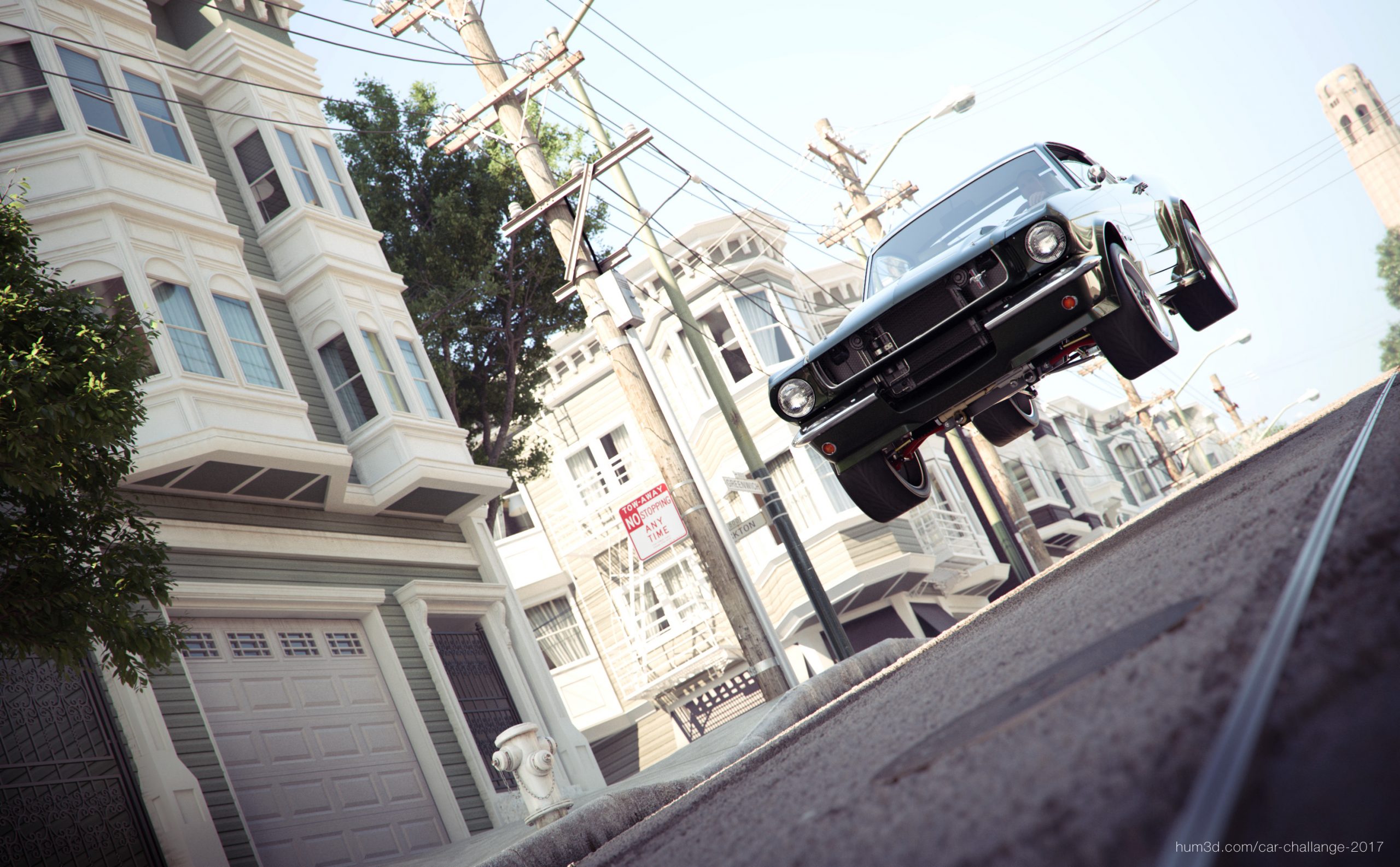 Ford Mustang Fastback del 1964 in aria dopo aver attraversato uno scollinamento su asfalto nelle strade di San Francisco