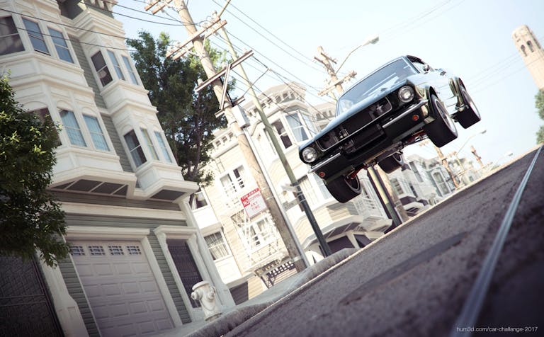 Ford Mustang Fastback del 1964 in aria dopo aver attraversato uno scollinamento su asfalto nelle strade di San Francisco