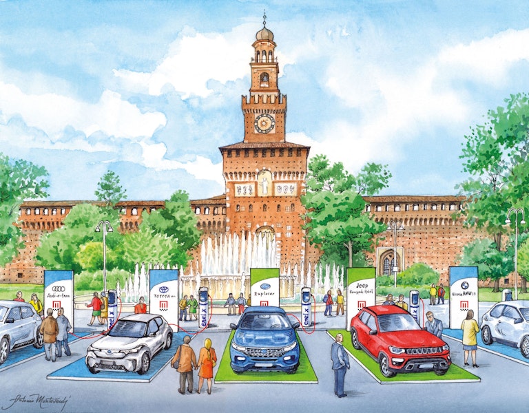 MIMO disegno con auto in piazza Castello a Milano