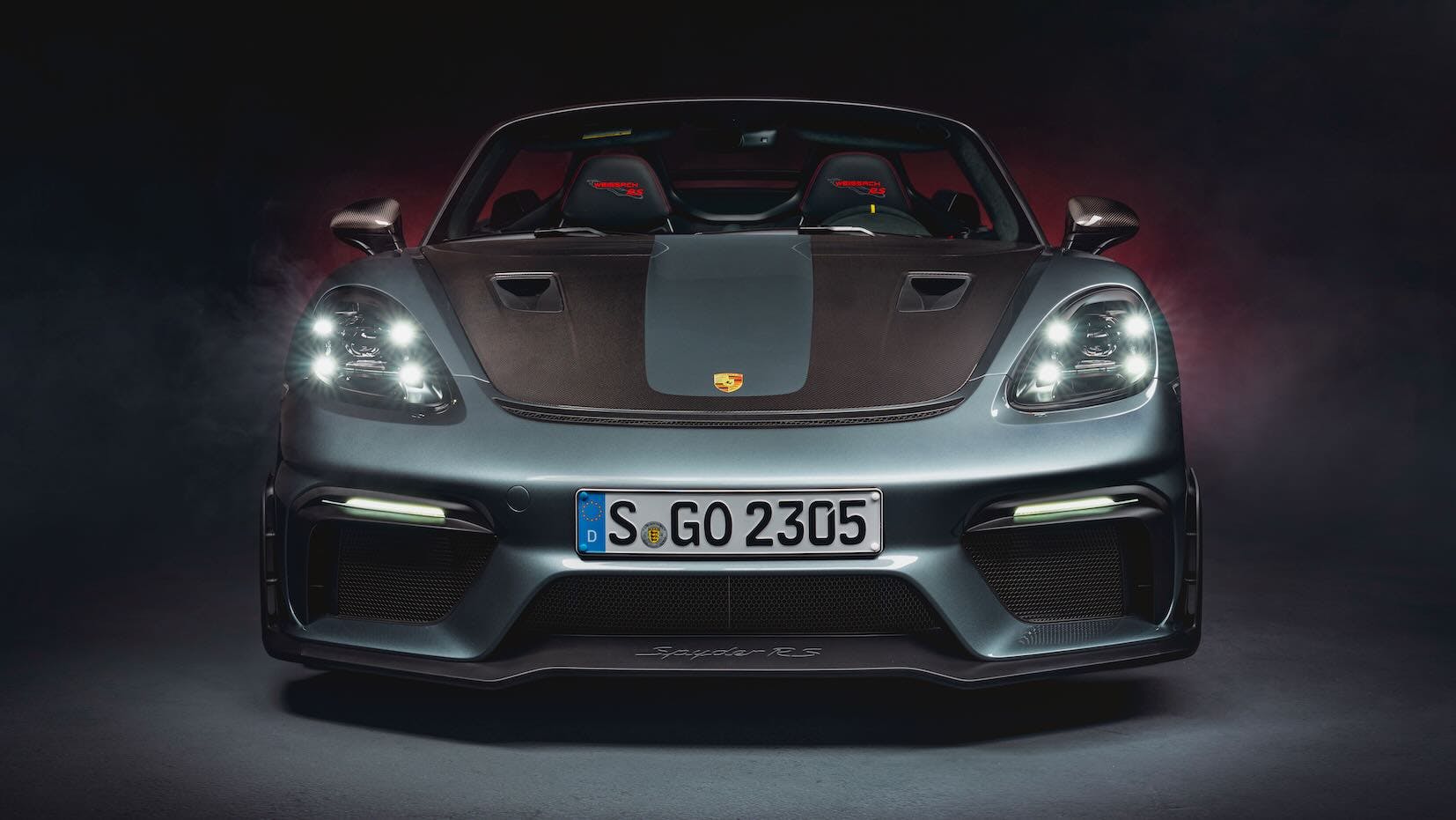 Porsche 718 Spyder RS 2023, il frontale con il cofano in carbonio