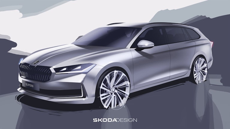 Skoda Superb Wagon 2024 bozzetto tre quarti anteriore