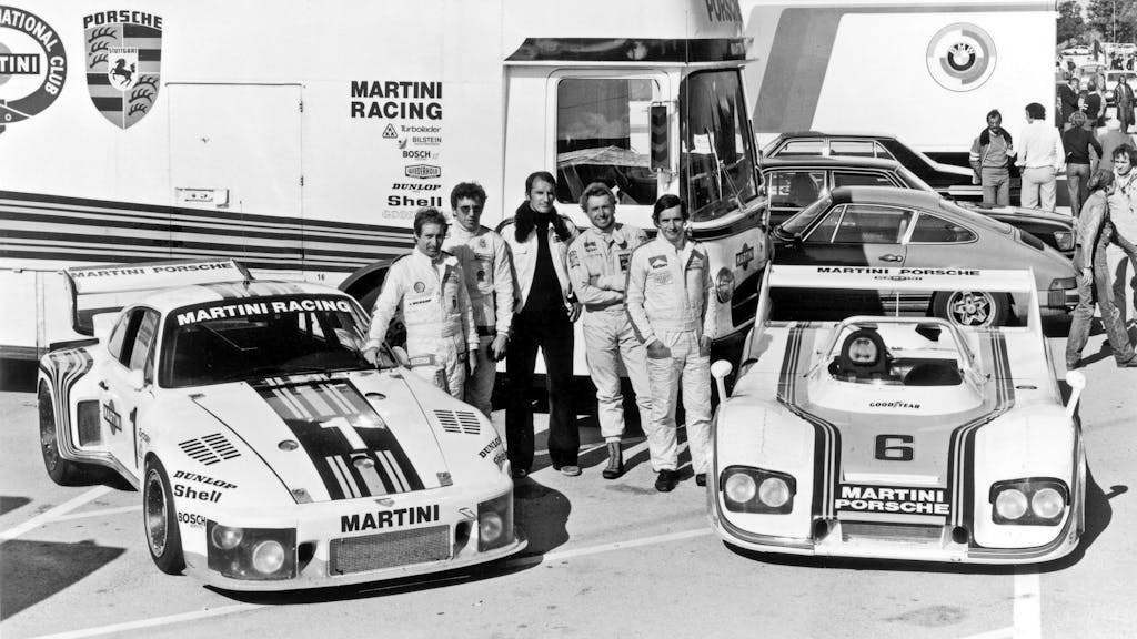 Jacky Ickx, Jochen Mass, Manfred Janke, Rolf Stommelen, Manfred Schurti (l-r), Porsche 935, Porsche 936, 1976, Porsche AG