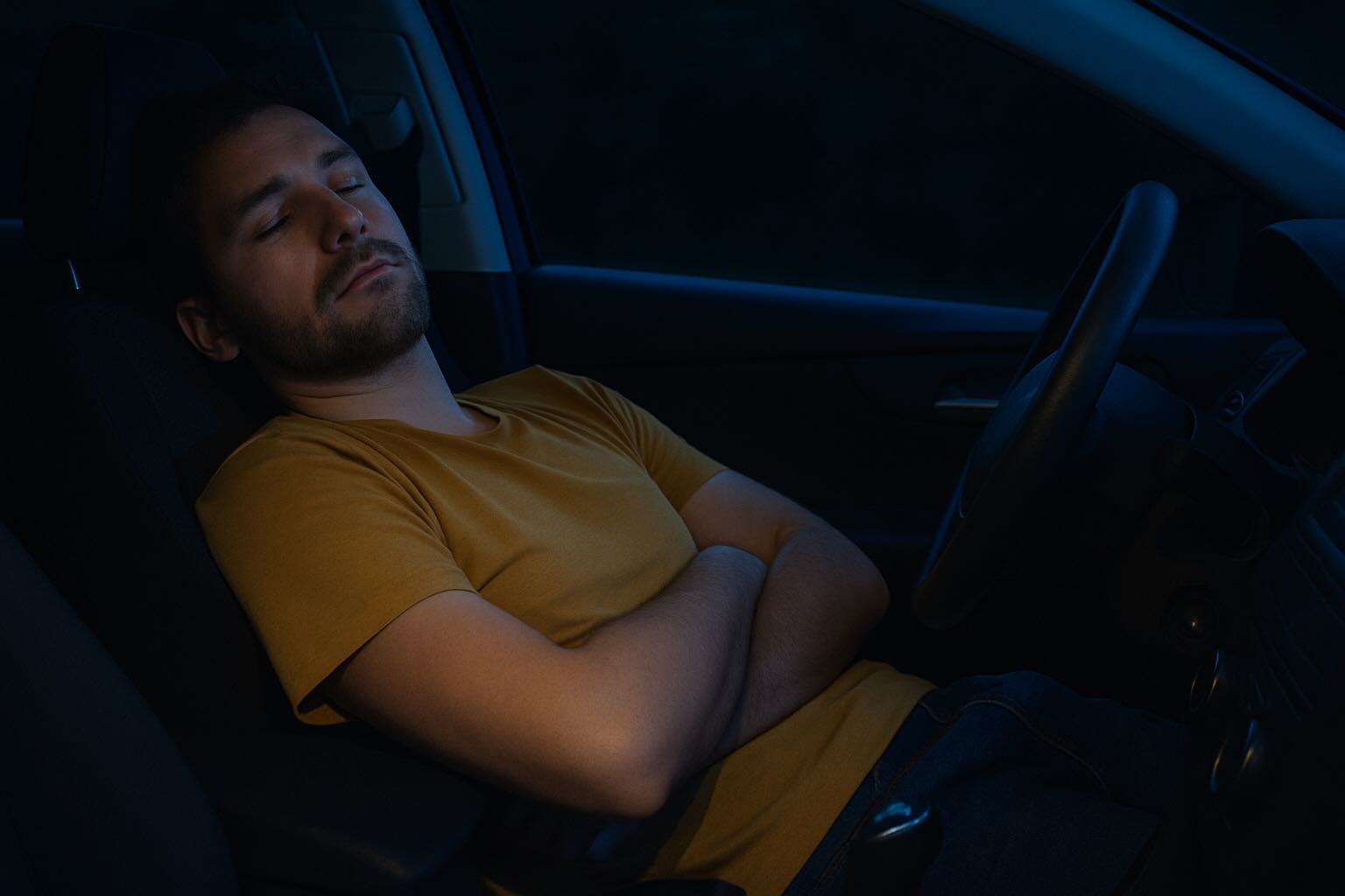 uomo che dorme in auto