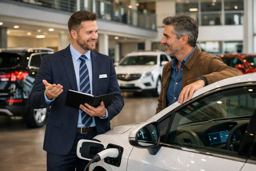 Venditore mentre presenta un'auto elettrica in concessionaria 