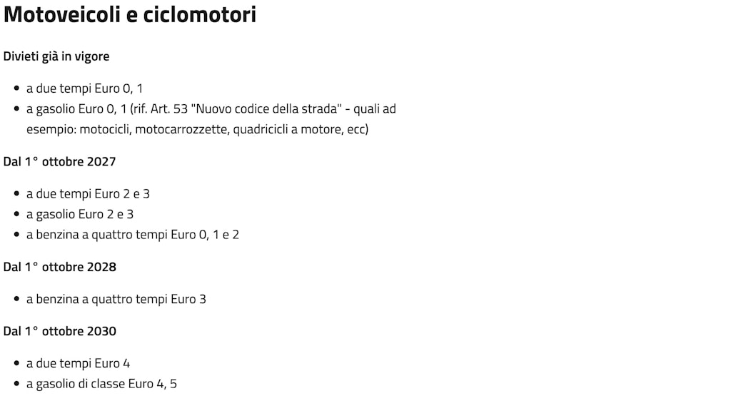 tabella blocchi alla circolazione moto e scooter previsti a Milano in Area B e C